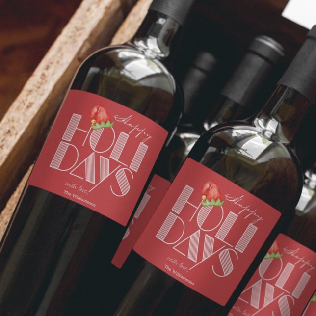 Étiquette Pour Bouteilles De Vin Joyeuses vacances Typographie rétro Rouge (Créateur téléchargé)