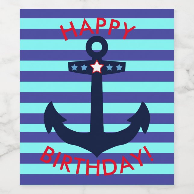 Étiquette Pour Bouteilles De Vin Joyeux anniversaire nautique ! | Bleu | ANCRE (Étiquettes simples)