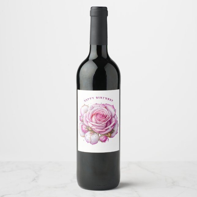 Étiquette Pour Bouteilles De Vin Joyeux Anniversaire Roses roses et diamants étince (Devant)