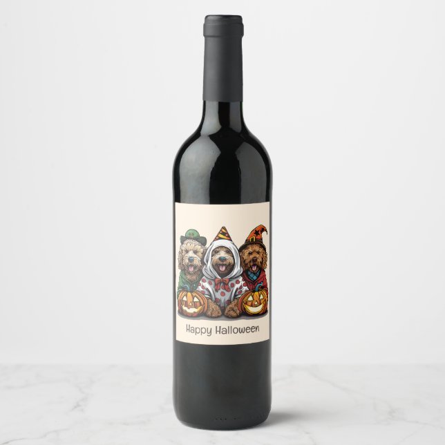 Étiquette Pour Bouteilles De Vin Joyeux chien d'Halloween Goldendoodle (Devant)