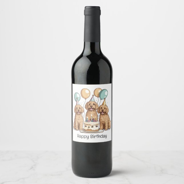 Étiquette Pour Bouteilles De Vin Joyeux Chiens Goldendoodle Anniversaire (Devant)