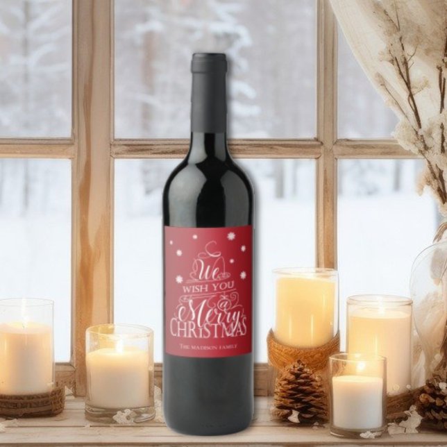 Étiquette Pour Bouteilles De Vin Joyeux design de Noël, lettrage manuel. (We wish you a Merry Christmas red wine label)