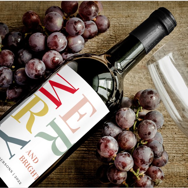 Étiquette Pour Bouteilles De Vin Joyeux et lumineux coloré moderne | Joyeuses fêtes (Créateur téléchargé)