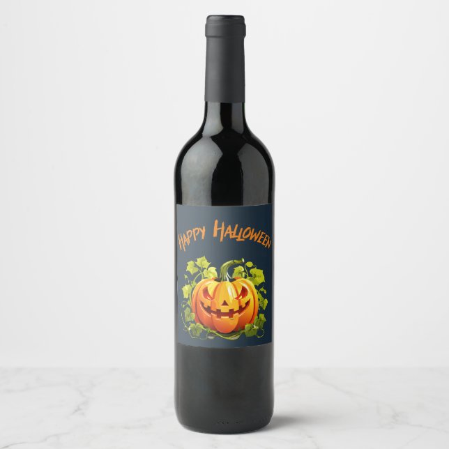 Étiquette Pour Bouteilles De Vin Joyeux Halloween Citrouille sur la Vigne  (Devant)