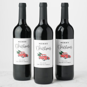 Étiquette Pour Bouteilles De Vin Joyeux Noël aquarelle Camion rouge