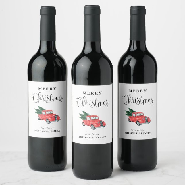 Étiquette Pour Bouteilles De Vin Joyeux Noël aquarelle Camion rouge (Bouteilles)