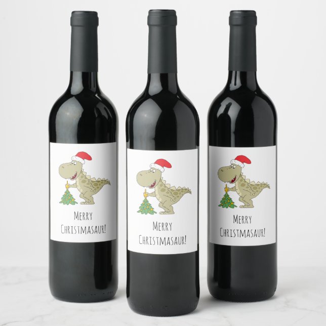 Étiquette Pour Bouteilles De Vin Joyeux Noël Arbre mignonne Dinosaure Santa Hat (Bouteilles)