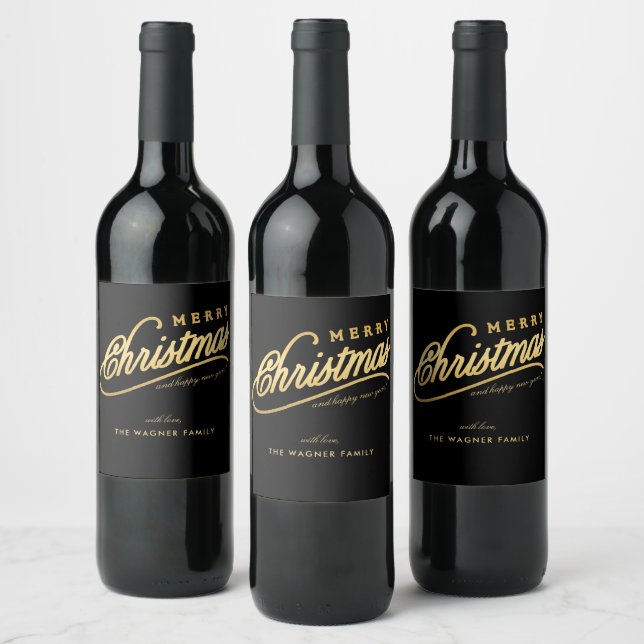 Étiquette Pour Bouteilles De Vin Joyeux Noël Black & Gold (Bouteilles)