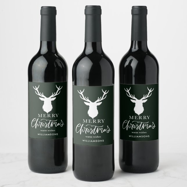 Étiquette Pour Bouteilles De Vin Joyeux Noël Blanc Cerf Customisé Vert foncé (Bouteilles)