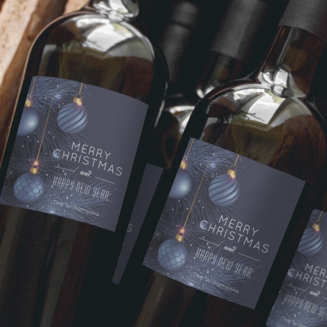 Étiquette Pour Bouteilles De Vin Joyeux Noël Bleu Ornements Fête (Créateur téléchargé)