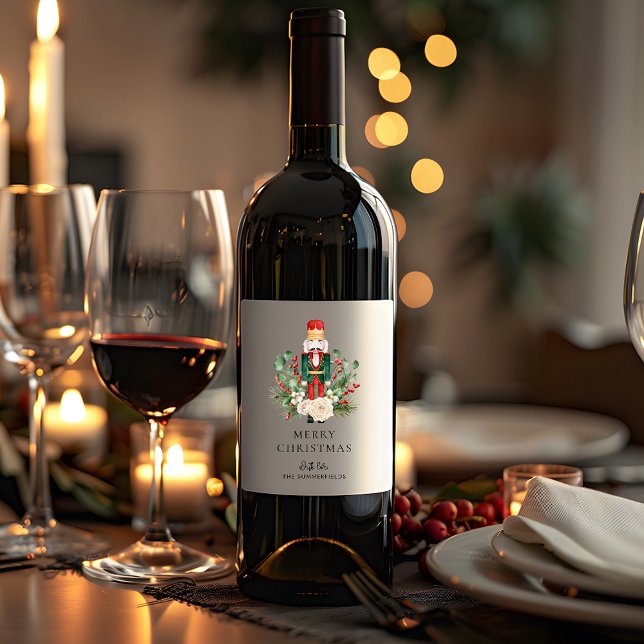 Étiquette Pour Bouteilles De Vin Joyeux Noël Casse-Noisette Script Festif Personnal (Merry Christmas Nutcracker Script Festive Custom Wine Label)