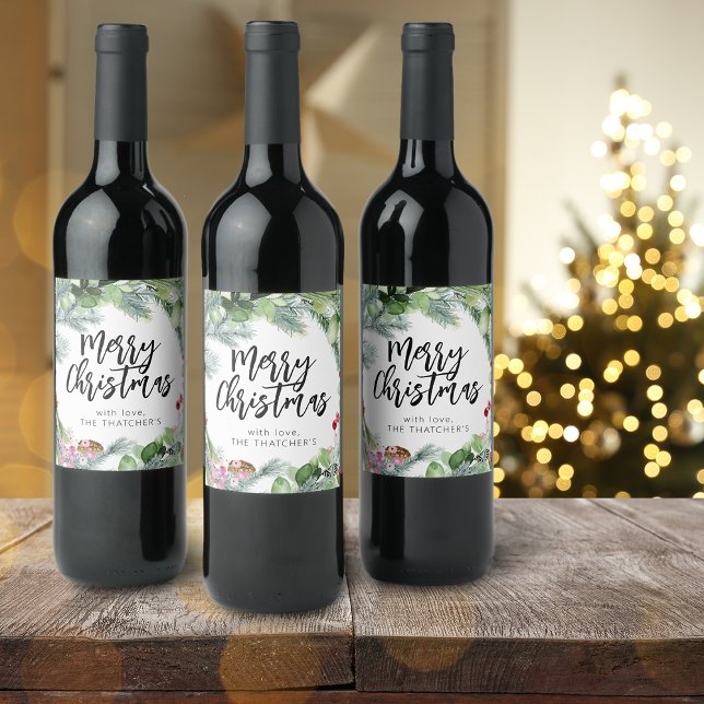 Étiquette Pour Bouteilles De Vin Joyeux Noël écriture aquarelle verdure (Script Merry Christmas Watercolor Greenery Wine Label)