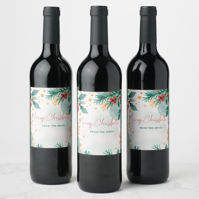Étiquette Pour Bouteilles De Vin Joyeux Noël Élégant Aquarelle Personnalisé (Bouteilles)