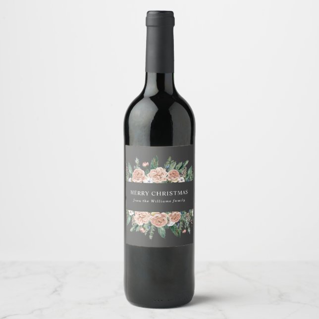 Étiquette Pour Bouteilles De Vin joyeux Noël fleuri hiver moderne (Devant)
