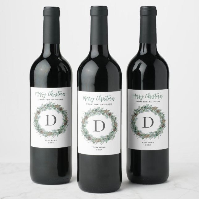 Étiquette Pour Bouteilles De Vin Joyeux Noël hiver verdure Monogramme couronne (Bouteilles)