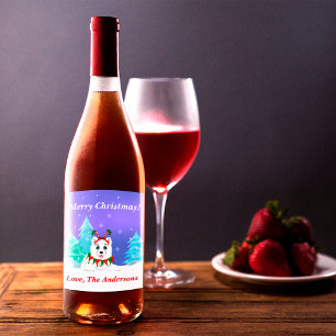 Étiquette Pour Bouteilles De Vin Joyeux Noël Samoyé Avec Un Bouton Elf
