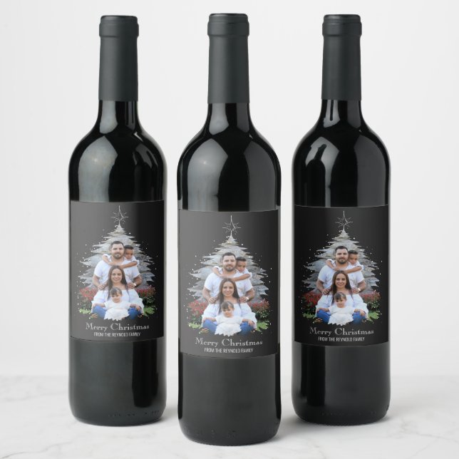 Étiquette Pour Bouteilles De Vin Joyeux Noël tendance Silhouette Photo Grey (Bouteilles)