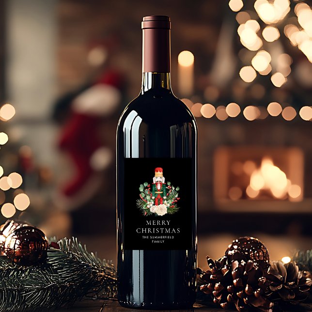 Étiquette Pour Bouteilles De Vin Joyeux Noisette de Noël Script Botanique Personnal (Merry Christmas Nutcracker Script Botanical Custom Wine Label)