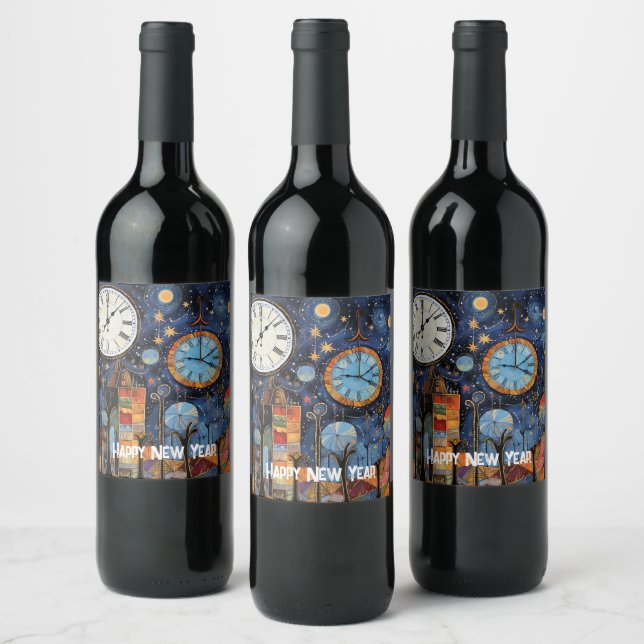 Étiquette Pour Bouteilles De Vin Joyeux Nouvel An Illustration fantasque (Bouteilles)