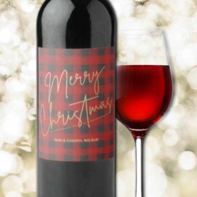 Étiquette Pour Bouteilles De Vin Joyeux or Noël Rouge Buffle Plaid (Créateur téléchargé)