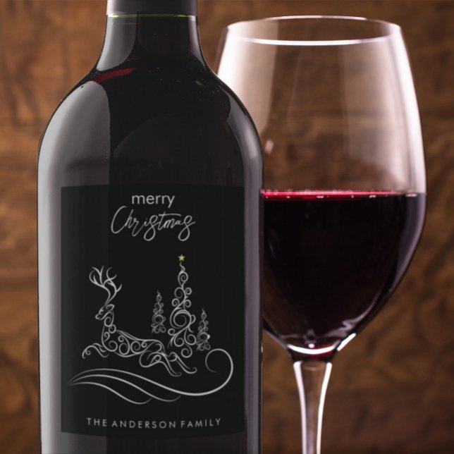 Étiquette Pour Bouteilles De Vin Joyeux sapin de Noël et renne (Créateur téléchargé)