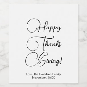 Étiquette Pour Bouteilles De Vin Joyeux Thanksgiving écriture personnalisée élégant
