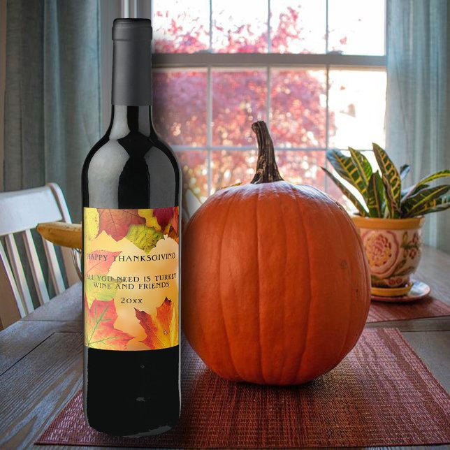 Étiquette Pour Bouteilles De Vin L'automne de Thanksgiving Feuilles rouge orange ja (Créateur téléchargé)