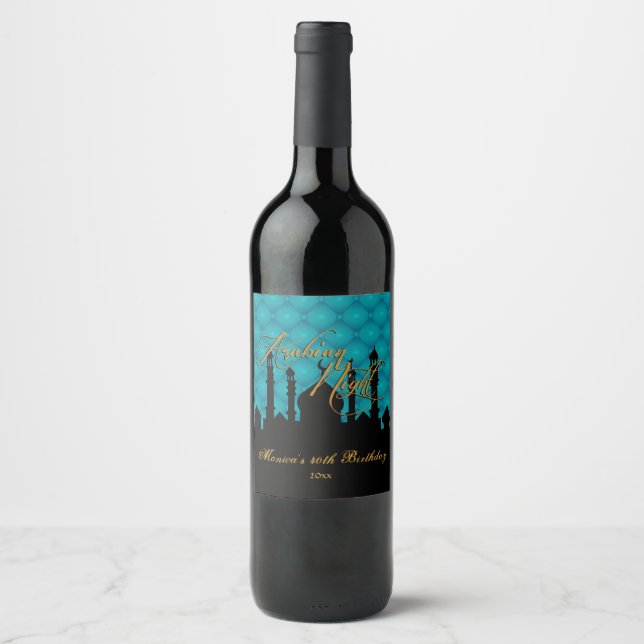 Étiquette Pour Bouteilles De Vin Les Nuits Arabes Élégantes Turquoise, (Devant)