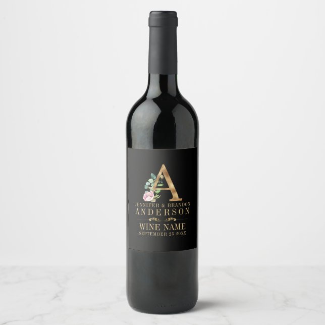 Étiquette Pour Bouteilles De Vin Lettres florales d'or Monogramme A (Devant)