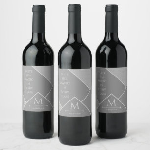 Étiquette Pour Bouteilles De Vin Lignes courbes géométriques modernes en noir et gr