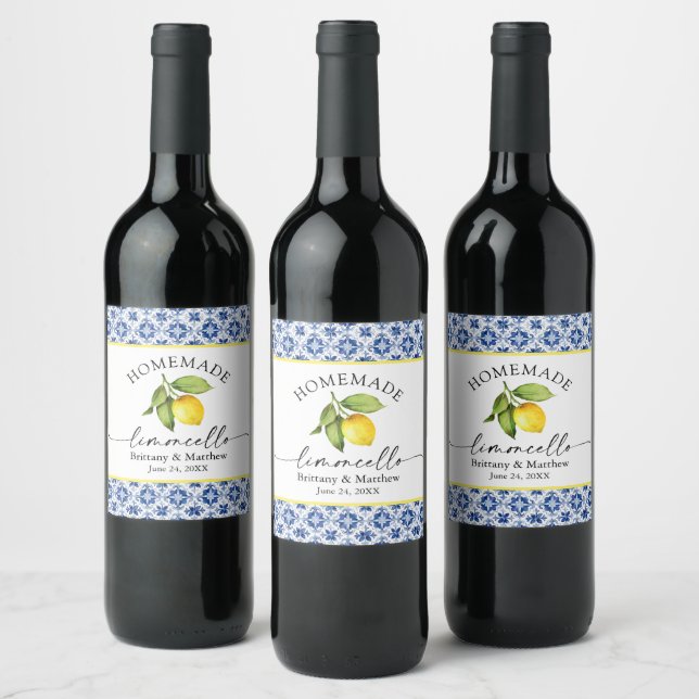 Étiquette Pour Bouteilles De Vin Limoncello Calligraphie Aquarelle Citron Carrelage (Bouteilles)