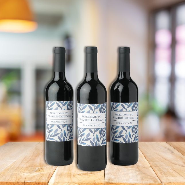 Étiquette Pour Bouteilles De Vin Location de vacances Blue Feuille Airbnb Beach (Vacation Rental Wine Label)