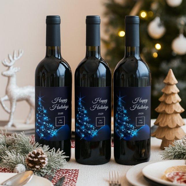 Étiquette Pour Bouteilles De Vin Logo d'entreprise Noël noir bleu moderne arbre (Créateur téléchargé)