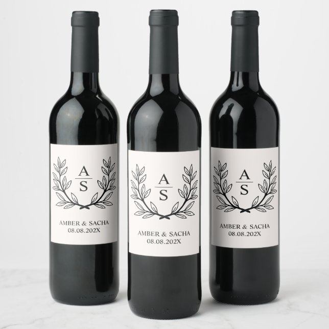 Étiquette Pour Bouteilles De Vin Logo Monogramme mariage Avec Wreath (Bouteilles)