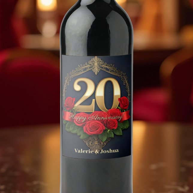 Étiquette Pour Bouteilles De Vin Lush Crimson Rose Golden 20e anniversaire Mariage (Créateur téléchargé)
