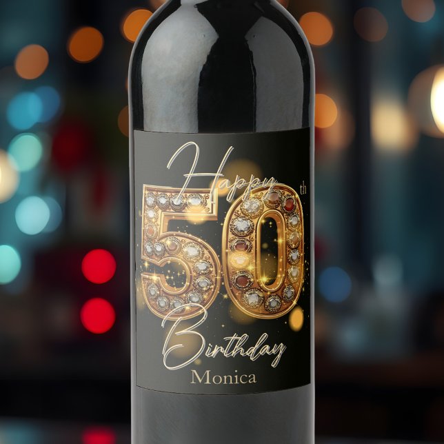 Étiquette Pour Bouteilles De Vin Luxueux Gold et Black Gemstone 50e anniversaire (Créateur téléchargé)