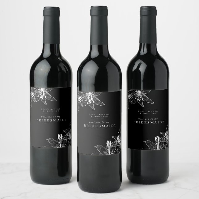 Étiquette Pour Bouteilles De Vin Lys floraux noirs et blancs Bridesmaid (Bouteilles)