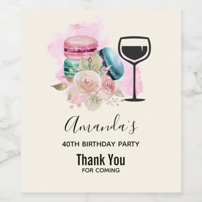 Étiquette Pour Bouteilles De Vin Macarons et fleurs colorés Aquarelle Anniversaire (Étiquettes simples)