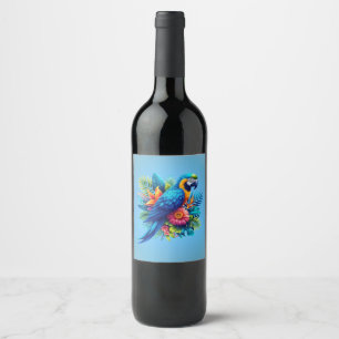 Étiquette Pour Bouteilles De Vin Macaw tropicale bleue et colorée
