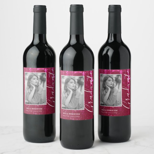 Étiquette Pour Bouteilles De Vin Magenta Space Parties scintillant Photo Graduation (Bouteilles)