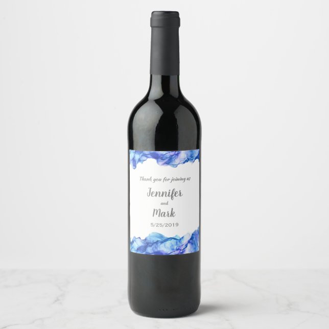 Étiquette Pour Bouteilles De Vin Mariage Abstrait bleu en soie (Devant)