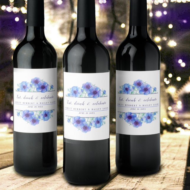 Étiquette Pour Bouteilles De Vin Mariage aquarelle bleu anémone vin de fleur étique (Créateur téléchargé)