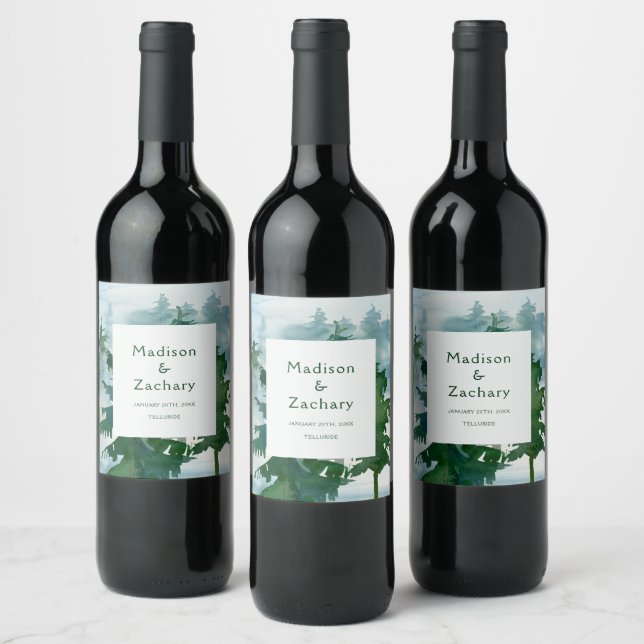 Étiquette Pour Bouteilles De Vin Mariage aquarelle forêt de montagne rustique (Bouteilles)