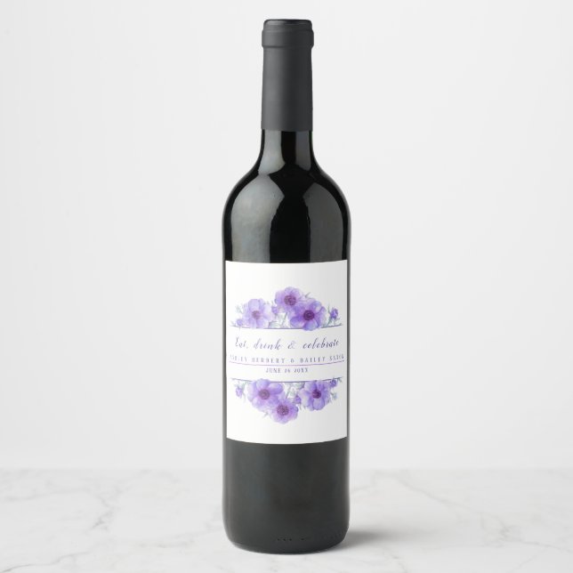 Étiquette Pour Bouteilles De Vin Mariage aquarelle violet fleurs d'anémone étiquett (Devant)