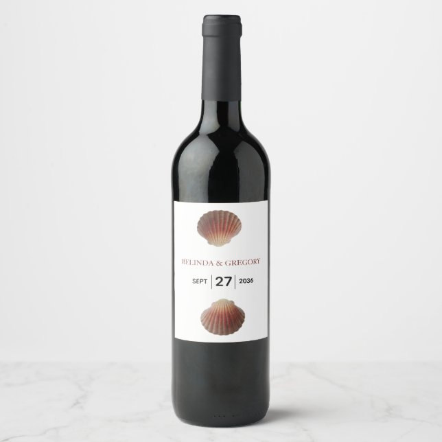 Étiquette Pour Bouteilles De Vin Mariage aux coquillages de plage (Devant)