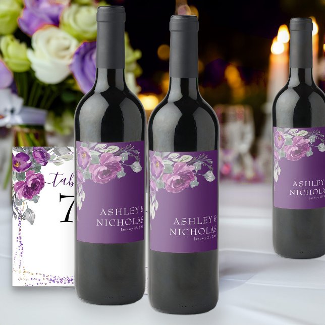 Étiquette Pour Bouteilles De Vin Mariage botanique moderne floral pourpre (Purple floral wine bottle labels from my Plush Purple Wedding Collection )