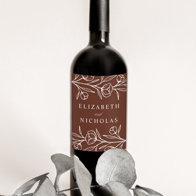 Étiquette Pour Bouteilles De Vin Mariage Brown floral esquissé (Créateur téléchargé)