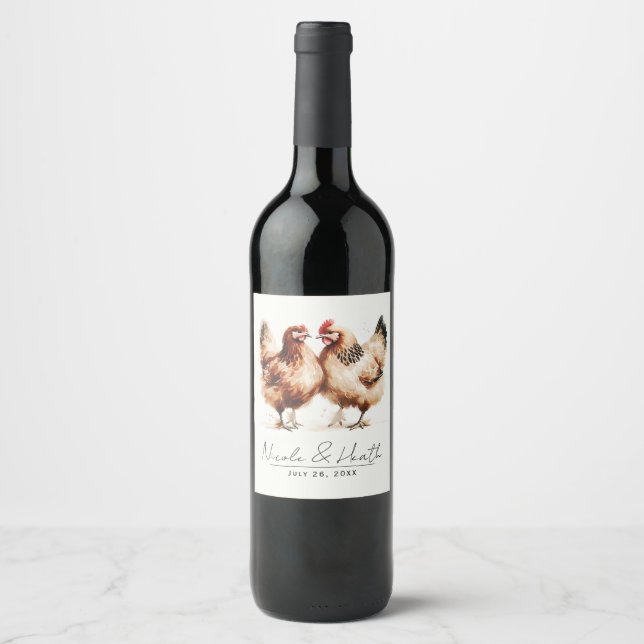 Étiquette Pour Bouteilles De Vin Mariage campagnard Brown d'aquarelle de poulet (Devant)