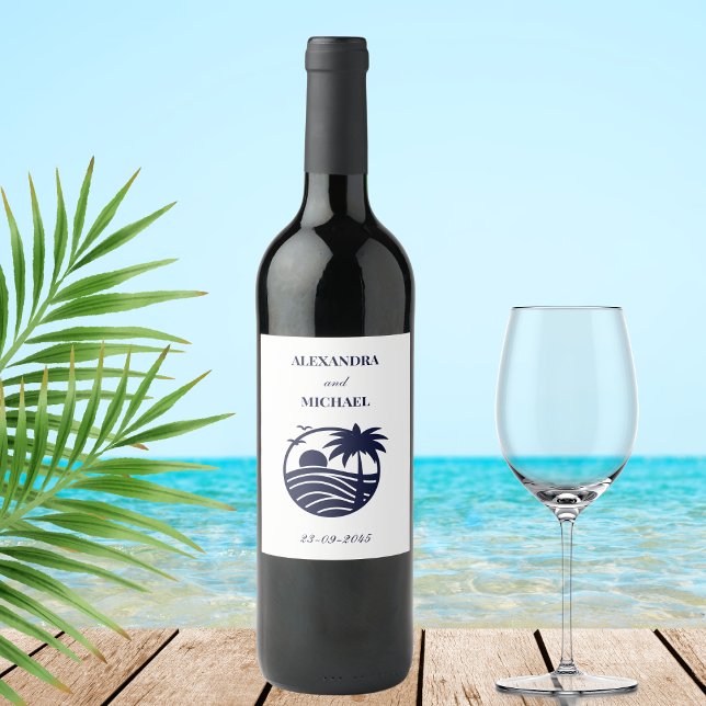 Étiquette Pour Bouteilles De Vin Mariage côtier Chic Navy White Palm Tree (Créateur téléchargé)
