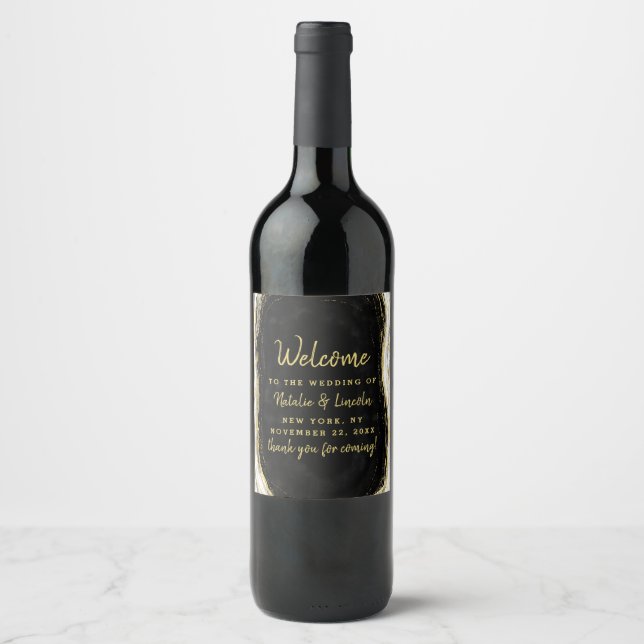 Étiquette Pour Bouteilles De Vin Mariage d'Agate Black White & Gold (Devant)